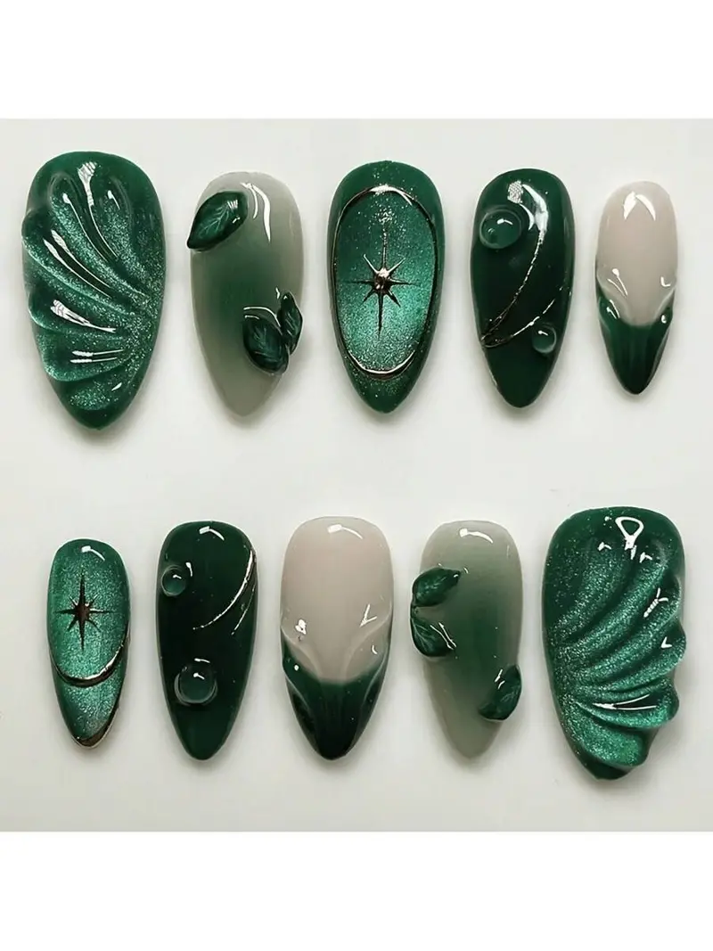 [Chic Cat-Eye Nails] Glossy Green Marble French Cat-Eye Press-On Nails| Medium Almond Shape, Removable Fake Nails With Teal & White Vein Design For A Chic, Cold Look