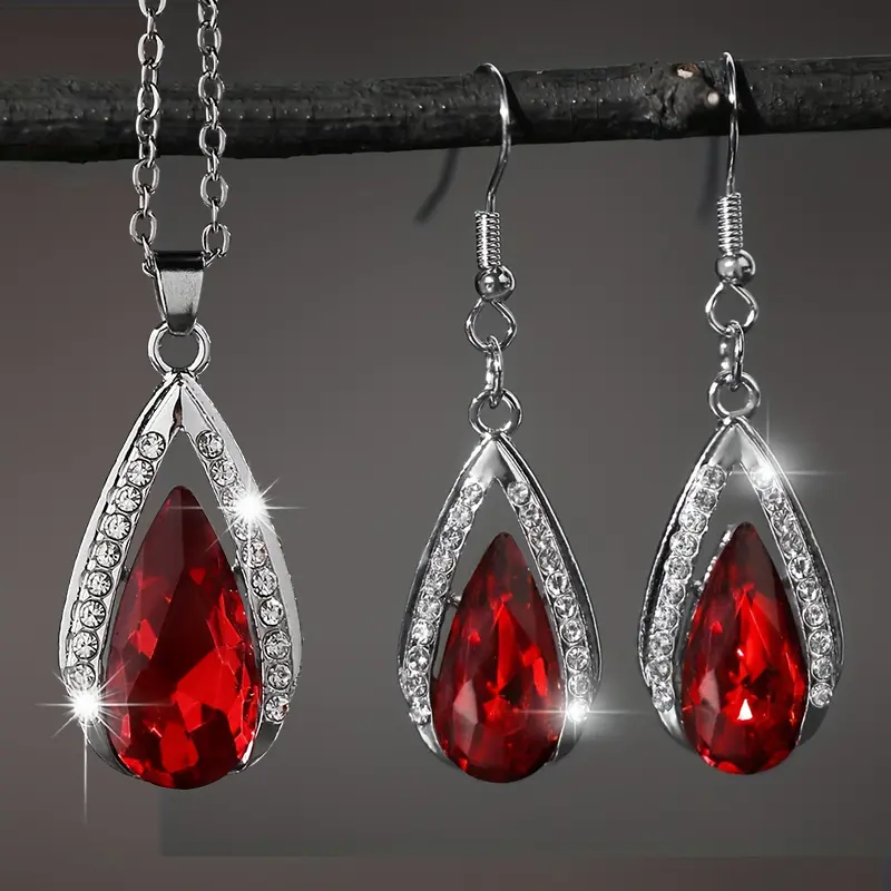 Romantic Jewelry Set for Women, 2-Piece Black-Red Glass Teardrop Pendant Necklace and Drop Earrings, Elegant Alloy for Daily Wear, Two-Pieces, Female