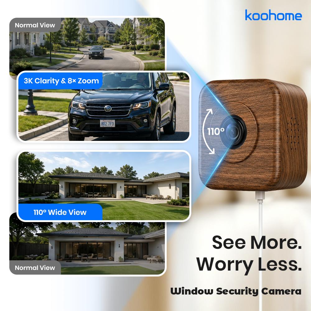 Koohome 3K Window Security Camera, Walnut Wood Design & Magnetic Mount, Full-Color Night Vision, Free Cloud Storage, SD Card Slot, Dual-Band WiFi, Motion & Person Detection, 24/7 Recording, Easy Setup for Home & Apartment