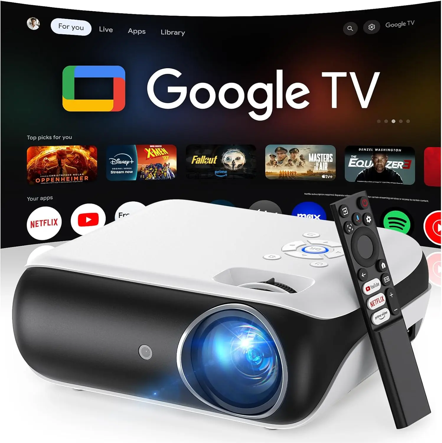 HAPPRUN Native 1080P Projector, Bluetooth Home Theater Movie Projector with Built-in Speaker, Compatible with Smartphone, HDMI, Fire Stick, PS5, Indoor & Outdoor Use -With Google TV System