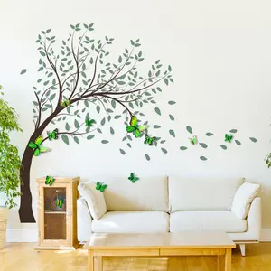 A new set of large tree wall sticker combinations, green three-dimensional butterfly wall stickers, spring and summer decorative bedroom and living room background wall stickers, Wall Art Stickers, MS2365+PY1503