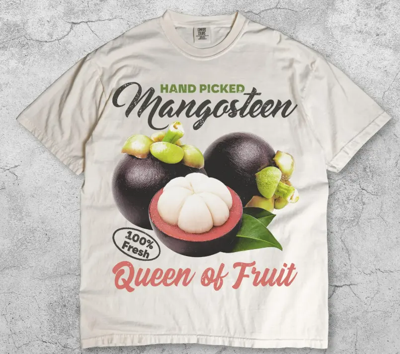 Retro Mangosteen Commercial T-Shirt, Vintage Exotic Fruit Tee, Tropical Produce Graphic Shirt, Queen of Fruit Top, Farmers Market Style Unisex Cotton Crewneck T-Shirt Menswear Womenswear Streetwear Top