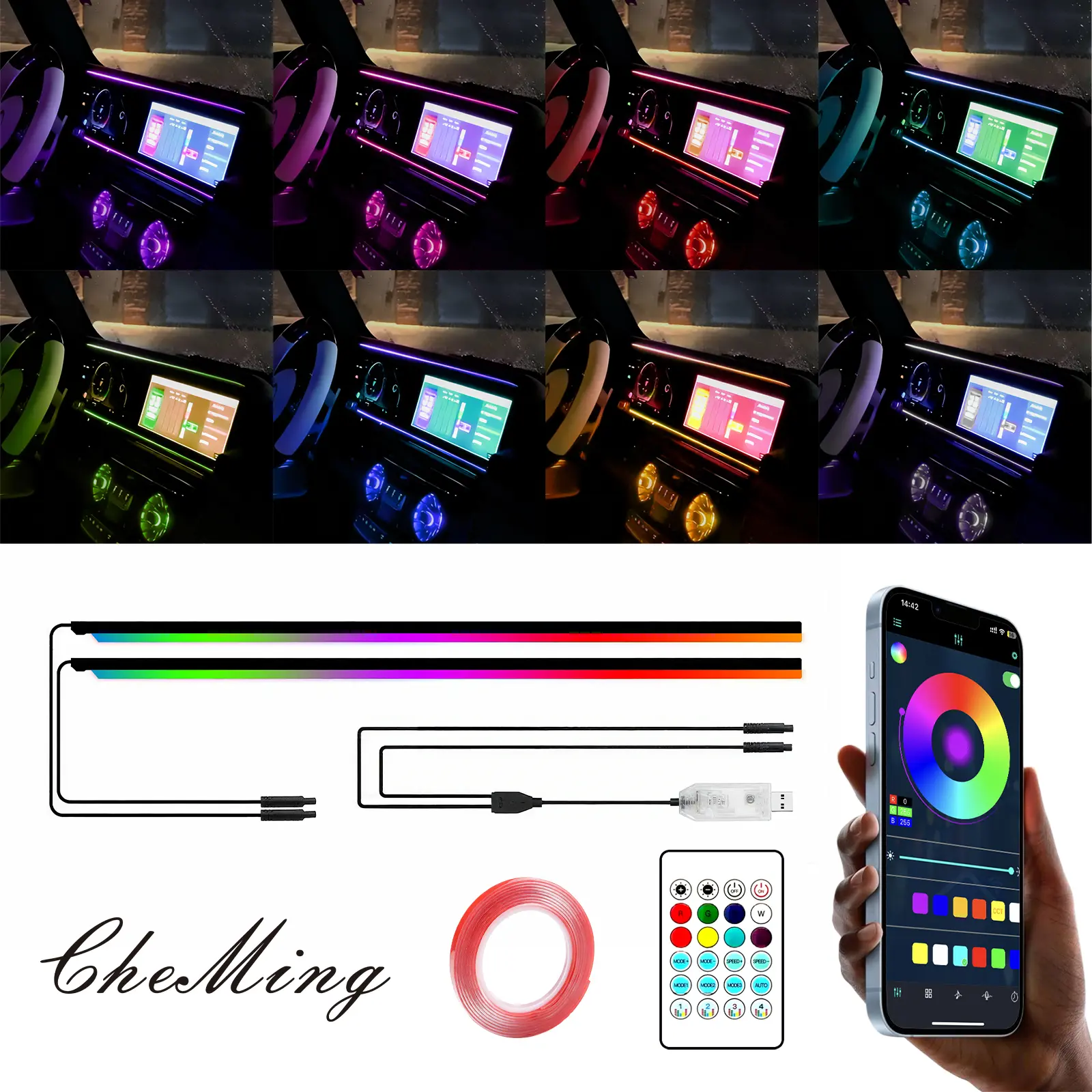 LED Car Interior Atmosphere Light, 110cm+110cm Acrylic Cold Light, Wireless Remote & APP Control, 6000 Colors, USB Rechargeable 12V, RGB Ambient Lighting for Car Dashboard