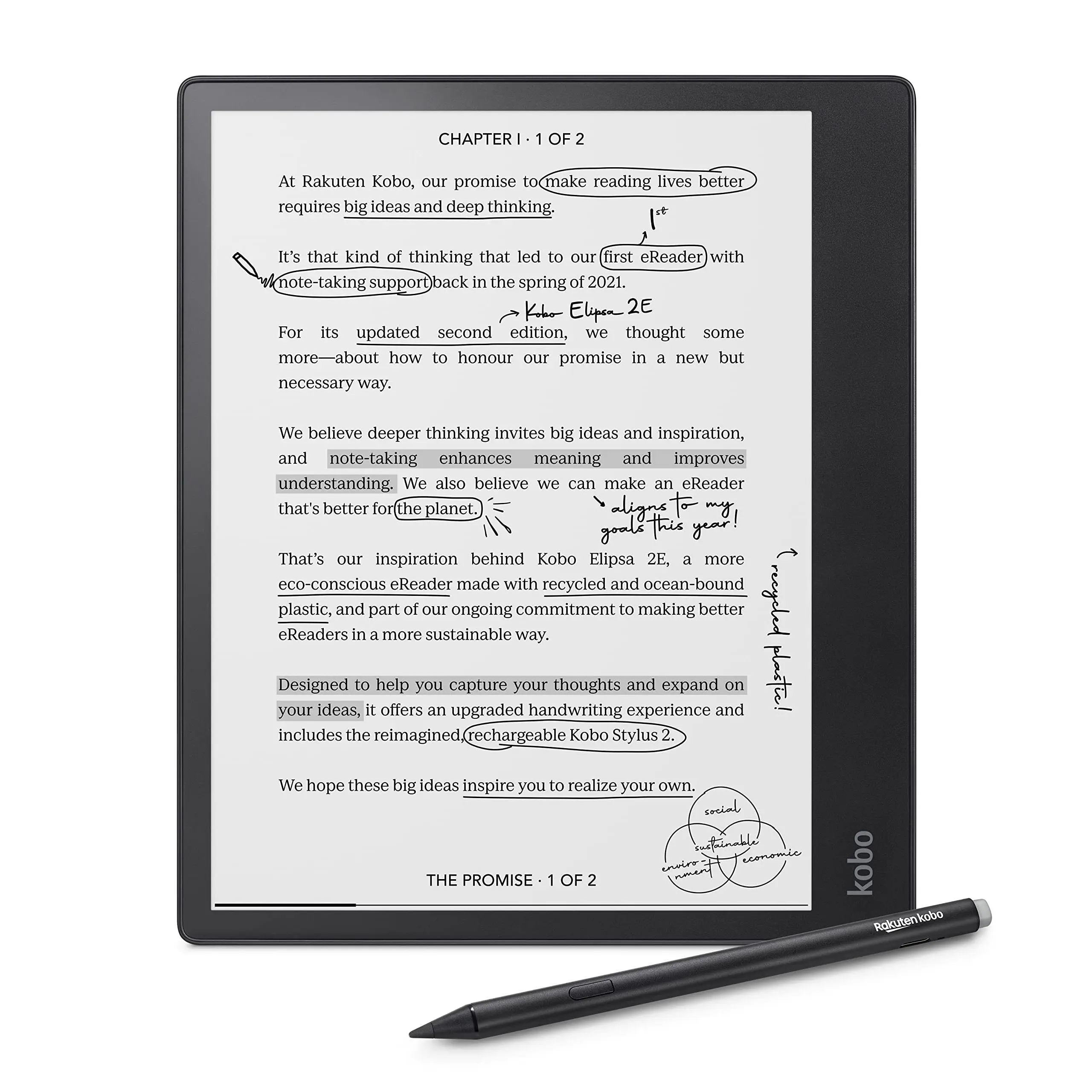 Kobo Elipsa 2E | eReader | 10.3" Glare-Free Touchscreen with ComfortLight PRO | Includes Kobo Stylus 2 | Adjustable Brightness | Wi-Fi | Carta E Ink Technology | 32GB of Storage