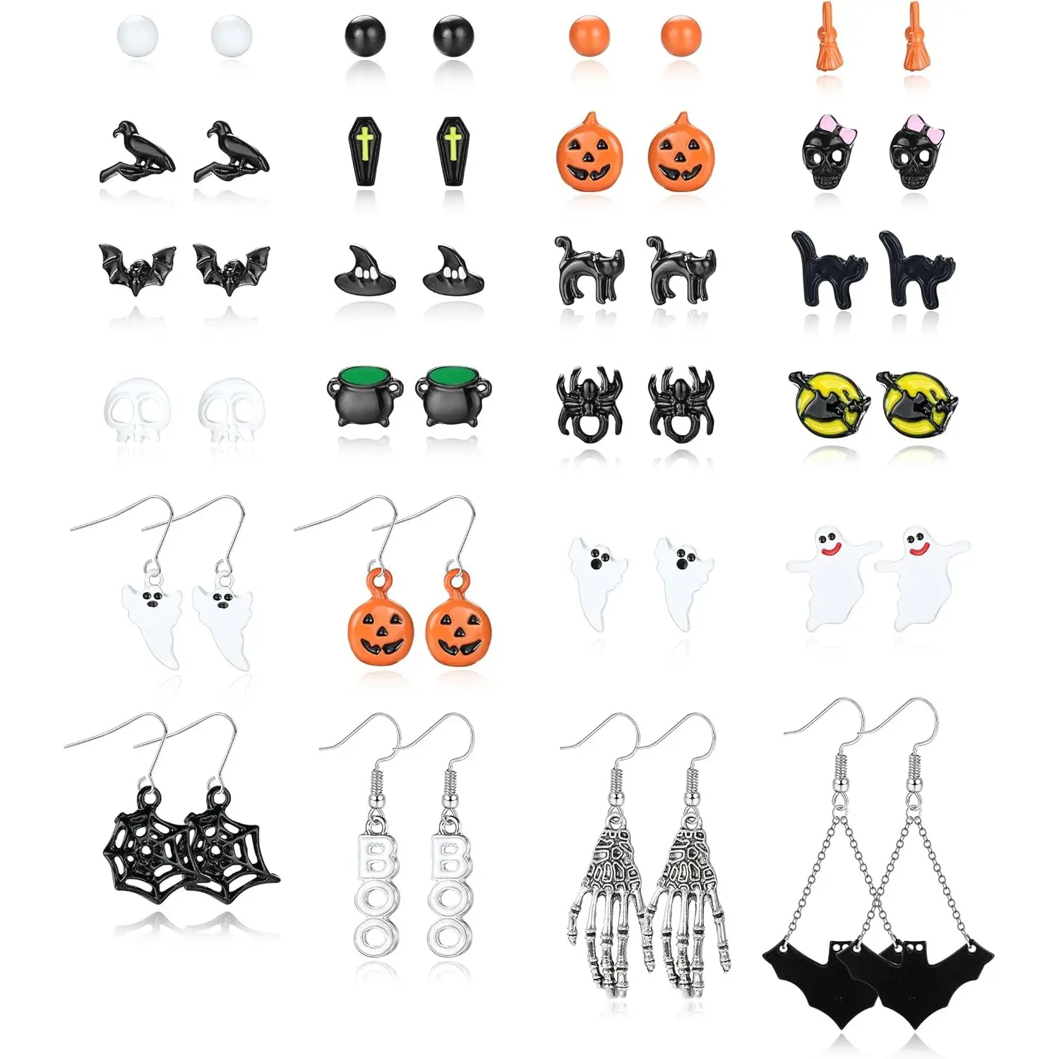 Unisex 24-Pair Halloween Costume Jewelry Earrings Set - Stainless Steel Alloy Studs, Hoop Earrings with Metal Coating, Gothic Skull, Bat, Cat, Spider, Pumpkin, Witch, Web, Ghost Designs for Party, Daily Wear