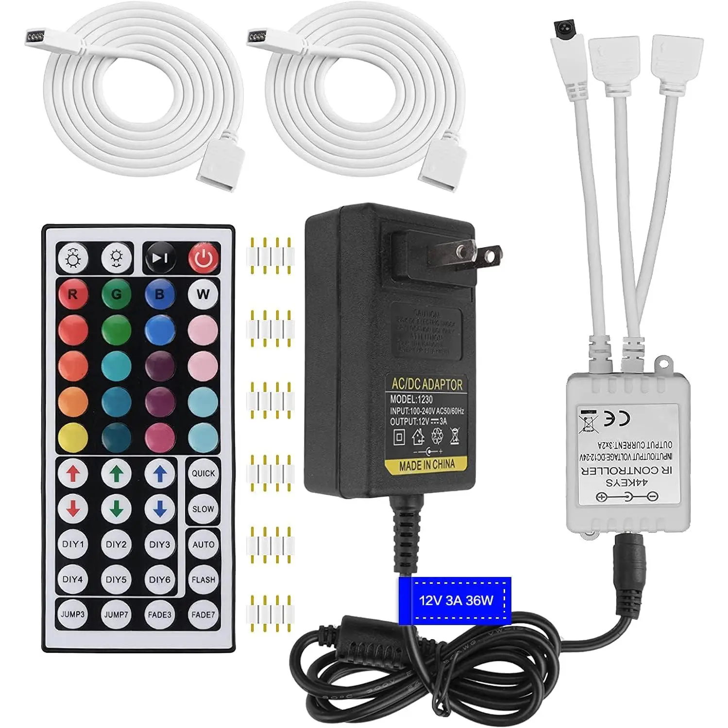 2-Port 44 Key IR LED Light Remote,RGB Control Box+ DC 12V 3A LED Power  Led Light Adapter+ 2 Pack 3.3FT Extension  for 5050 2835 RGB LED Strip Lights(Incompatible 24V LED Strip Light)