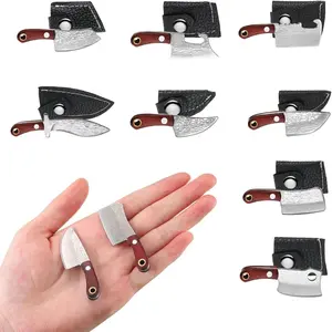 8 Pcs Mini Knives Damascus Pocket Knife Set Tiny Box Cutter Keychain Stainless Steel Butcher Cleaver with Sheath Chain For Package Opener Gag Gift Party Favor For Men