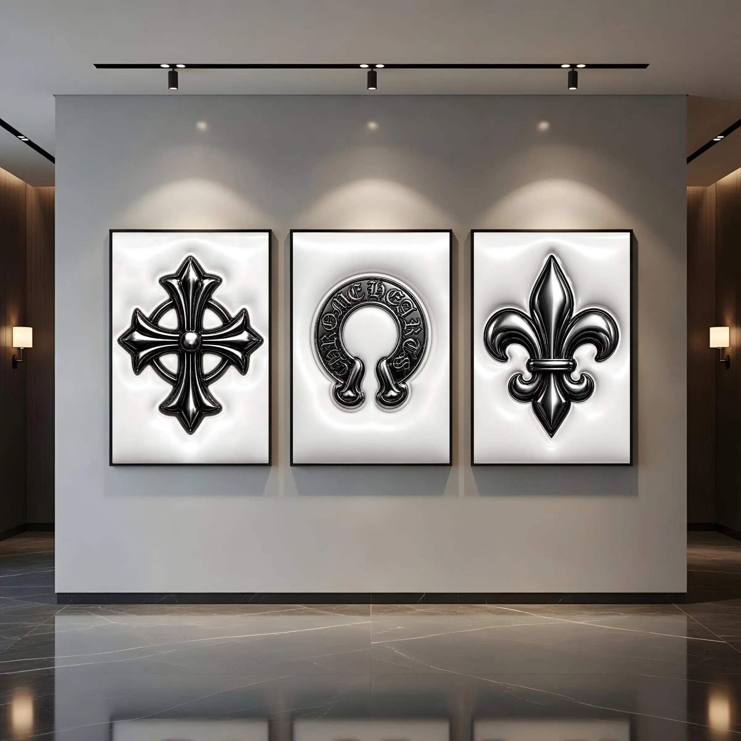Chrome Hearts Hypebeast 3-Piece Wall Art Poster Set, Black-White Gothic Cross Prints, Fleur De Lis Y2K Luxury Room Decor