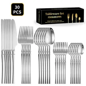 6-Service 30-Piece Silver Stainless Steel Utensil Set, Bamboo-Style Handle Kitchen Cutlery, Dinner Sets Tableware Kit