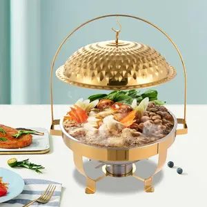 Chafing Dishes for Buffet, 8.5Qt /8L Stainless Steel Round Buffet Chafer, Gold Hanging Lid Dining Stove, Buffet Server and Warmer Set, Countertop Warming Tray for Parties, Dishwasher Safe