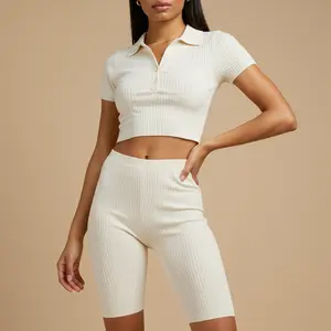 The Riviera Set – Cream Ribbed Polo & Cycling Short Co-Ord