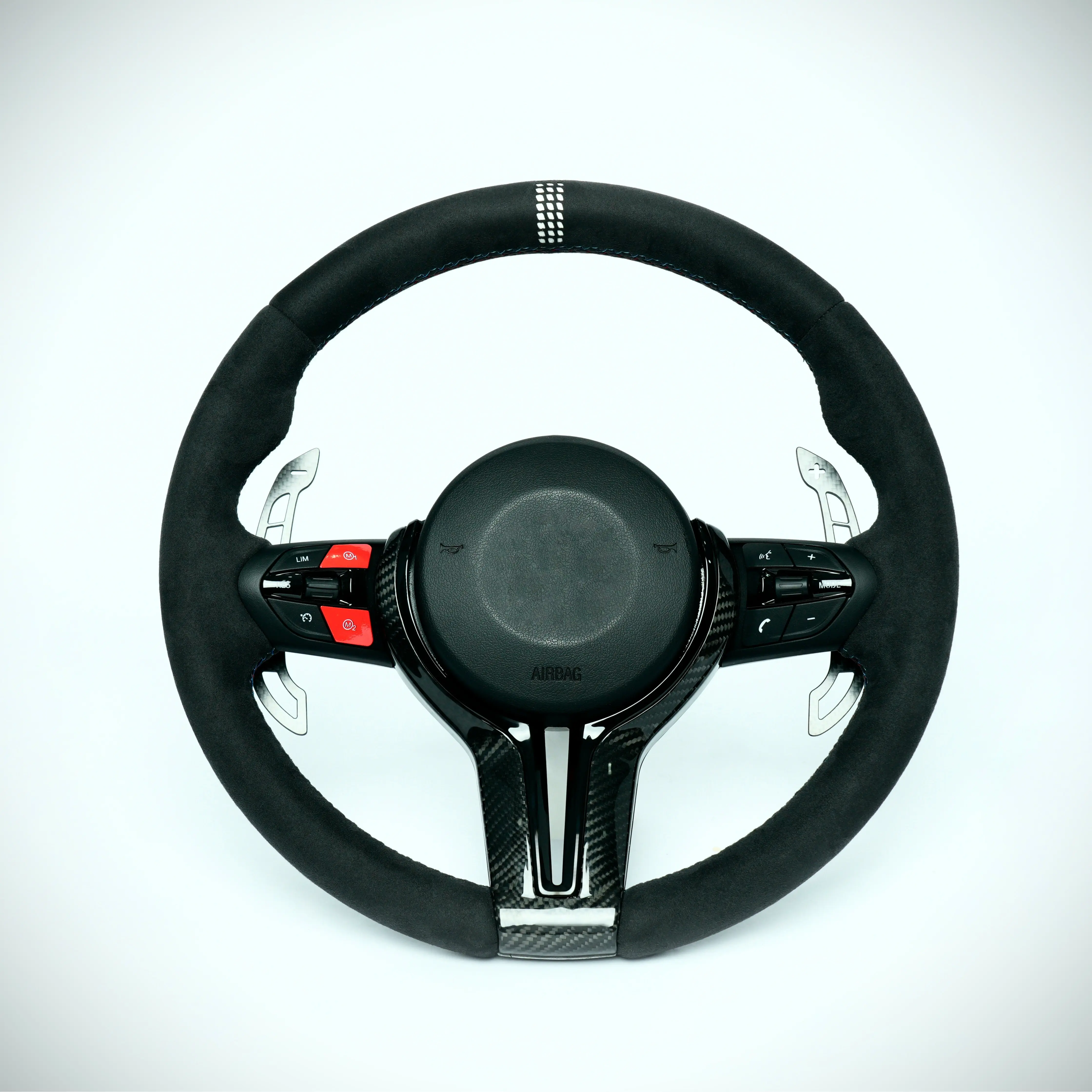 Vehicle-Specific Fit Forged Carbon Fiber Flat Bottom Steering Wheel with Silver Trim, Perforated Grip, Leather for BMW F Chassis (f30,2,3,4,X1,X2,X3,X4,X5,X6) - Car Interior Upgrade for Enthusiasts