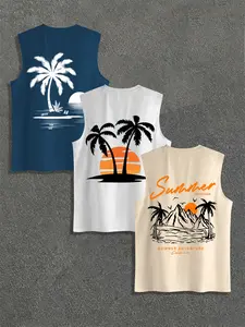 Men's Summer Tropical Casual Sleeveless Vest, Workout Tank Tops, Beach Coconut Tree Print, Outdoor Sports Wear, Daily Versatile Style, Get 3 Pieces Set