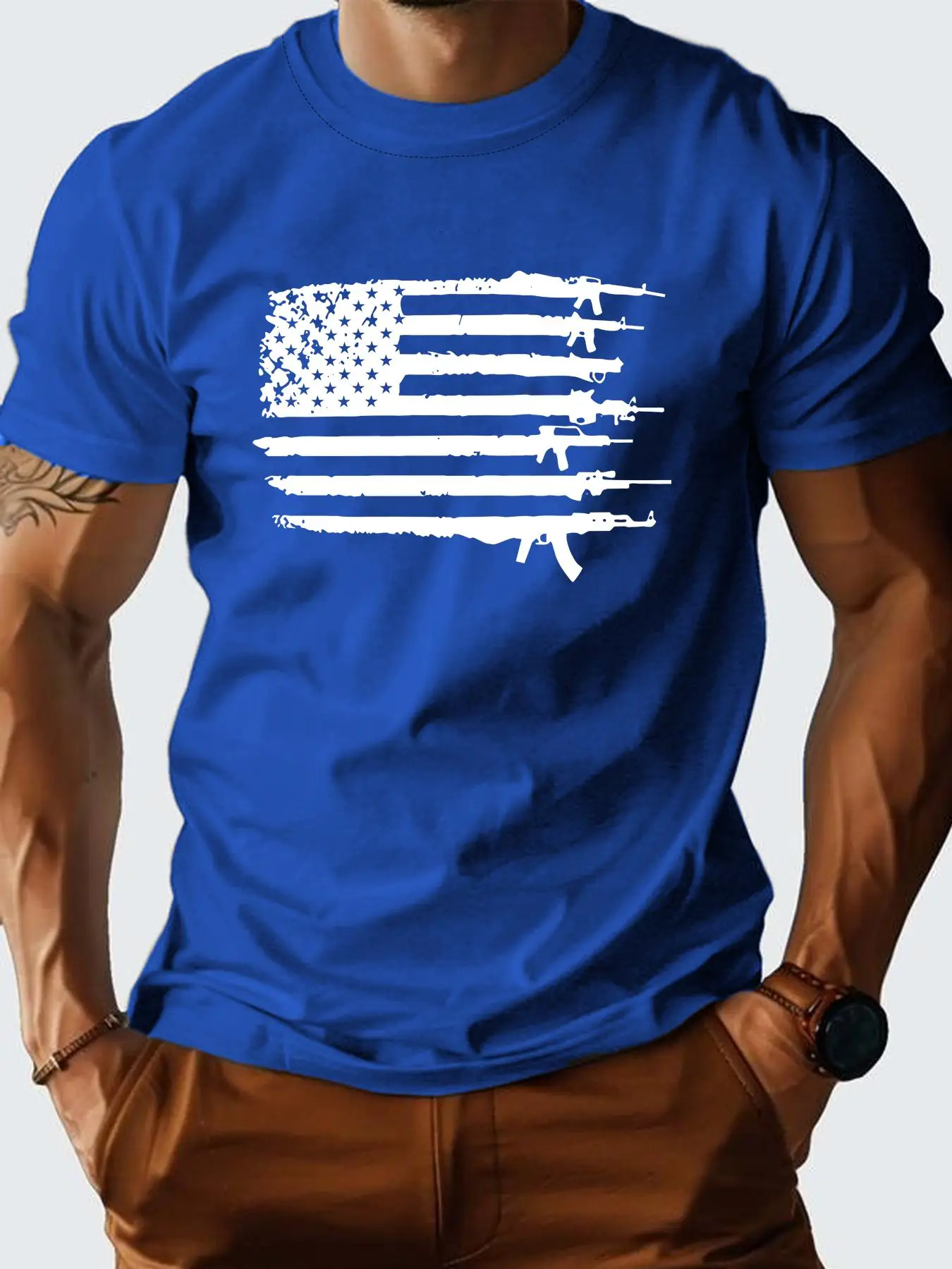 Men's Flag Print Round Neck Tee, Regular Fit Casual Short Sleeve Crew Neck T-Shirt for Summer, Fashion Men's Top for Daily Wear