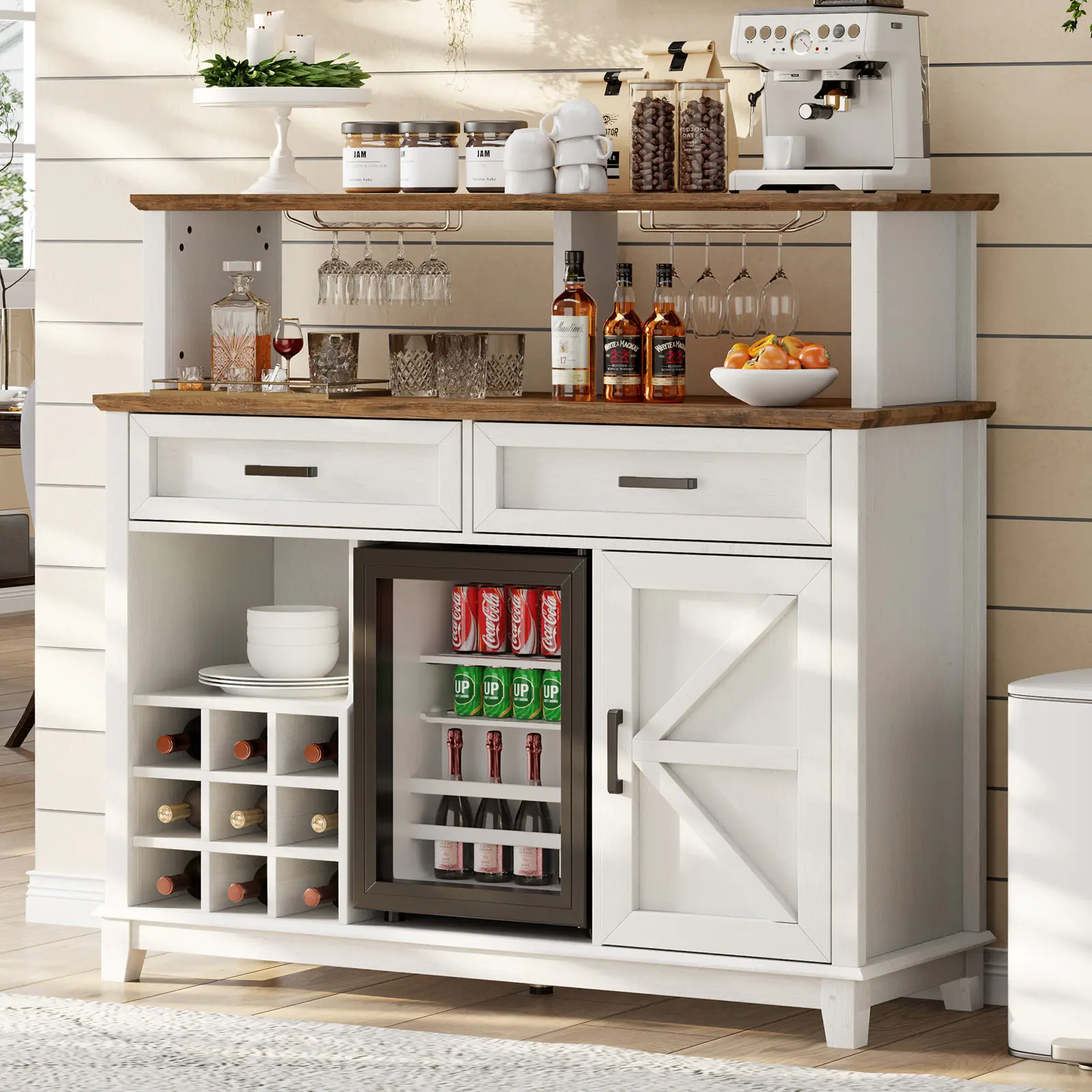 [Summerwins] [SummerFinds] AMERLIFE Farmhouse Coffee Bar Cabinet with Beverage Refrigerator Cooler, 47" Wine Bar Cabinet w/15" Mini Fridge, Kitchen Hutch Buffet Table