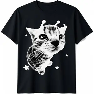 Y2K Alien Cat Meme Retro Silly Cat Vintage Kitty Funny Shirt T-Shirt Pure Cotton Graphic Tees Menswear Top: Gifts for Men & Women, Shortsleeve, Casual