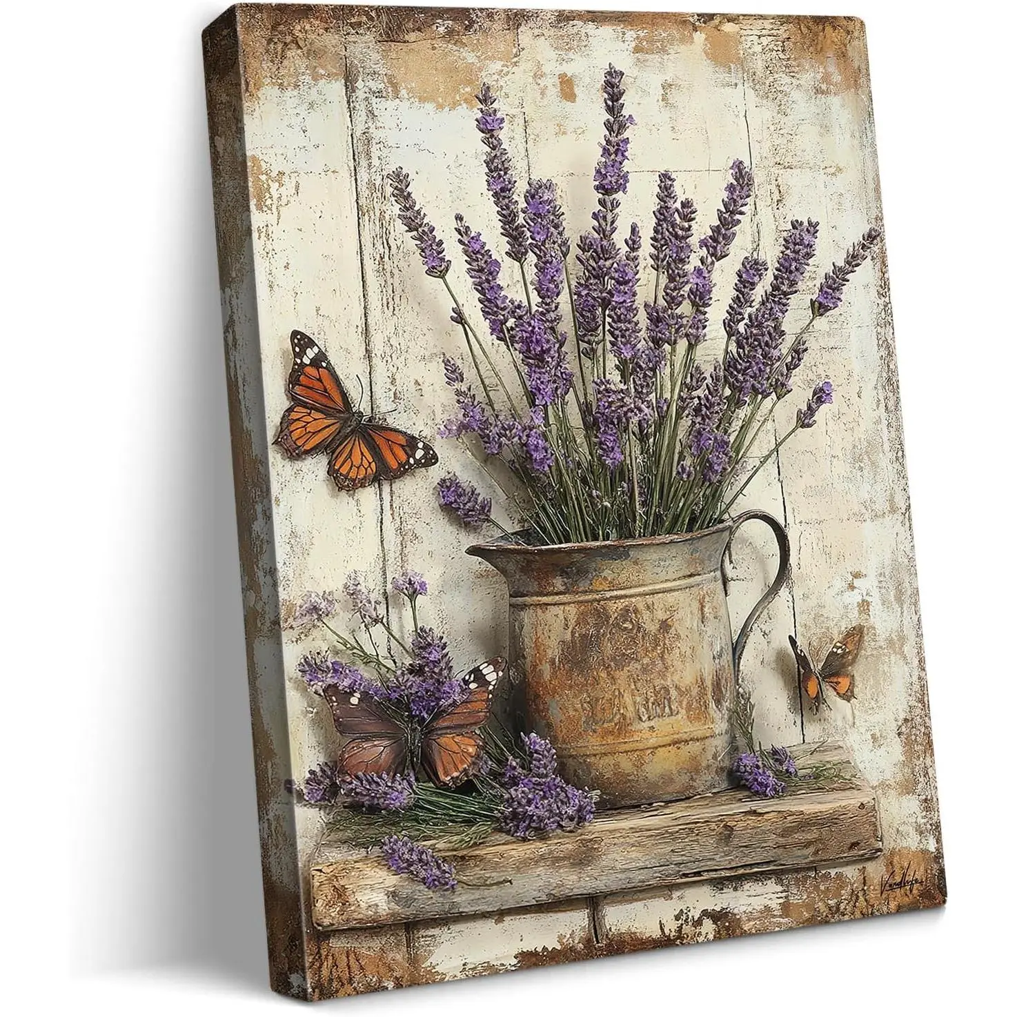 Unframed Farmhouse Frame-Style Canvas Wall Art Photo Print - Country Floral Poster with Vintage Purple Lavender Butterfly, Antique Kettle, Weathered Wood, Artistic Plaid, Herringbone Accents for Living Room, Kid Room, Balcony Decoration, Wardrobe, Flowers