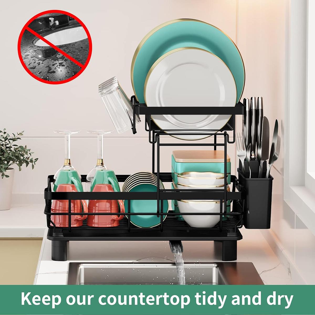 2 Tier Dish Drying Rack with Drainboard Adjustable Spout Utensil Holder and Knife Slots,Space-saving,Suitable for kitchen countertops,Keeps countertops clean and tidy,Easy to install,Beautifully crafted,Rotatable drainage system,Disassembleable