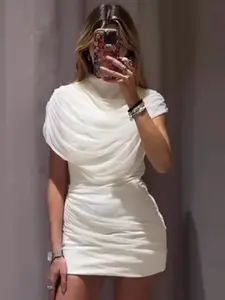 Glam Mini White Ruched Dress Women's Dress Summer 2026 Elegant Party Dresses Formal Wear Ladies Fashion Layered o-Neck Sleeveless Patchwork Short Vestidos Minimalist Holiday Parties Dress Womenswear