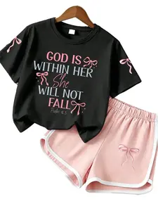 Tween Girls' 2-Piece Cute Kids Clothing Girls Set - "God is within her; she will not fall" Slogan Print T-Shirt & Shorts for Everyday Wear, Cute Sets Summer Outfits Set