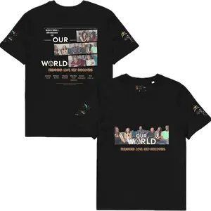 Our World T-Shirt - Black Short Sleeve Top with Graphic Print Featuring "OUR WORLD" and "FRIENDSHIP, LOVE, SELF-DISCOVERY" Text - Menswear full color unisex t-shirt cotton menswear