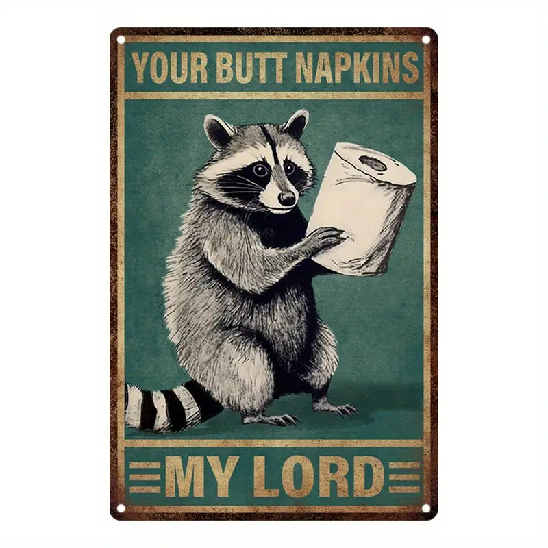 Vintage Aluminum Raccoon Animal Metal Bathroom Sign (8x12in/20x30cm) - Funny Novelty Home Decor Plaque, Bendable, Durable, Pre-Drilled Corners Make Setup Simple, Stick W/O Wall Damage, Bathroom Decorations Gift