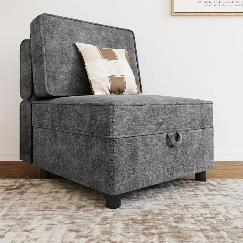 Grey Chenille Foldable Futon Sleeper Sofa - Foldable Bed, Space-Saving Single Seater Modular Floor Sofa, 90°-180° Adjustable Backrest, 72x28x6 Inches Middle Sectional Module with Storage, Indoor Living Room Furniture Set