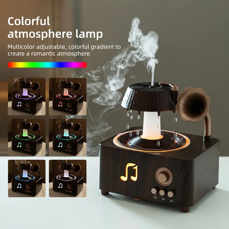 Aromatherapy Diffuser, 250ml Rotating Raindrop Record Player Design Essential Oil Diffuser & Water Mist Humidifier, Ultrasonic, Wood Grain with Remote Control, Colorful LED Night Light, Timer for Bedroom Home Office Decor