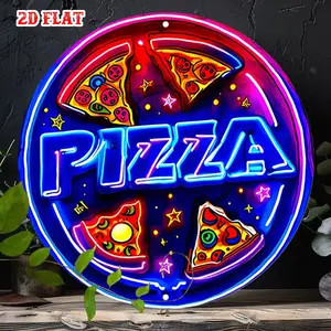 1PC 2D Flat, Neon Pizza Party, Led Ambient Light - Retro 80s Arcade - Glowing Pizza Slice Sign with Neon Letters - Heavy Aluminum Metal Wall Decor, Suitable for Home, Pizzeria - Easy-to-Install Hole Position - Italian Restaurant Theme Pizza Decoration