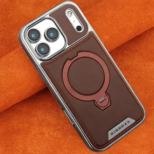Luxury Leather Phone Case for iPhone 17 Pro Max, 360° Rotating Magnetic Stand, Wireless Charging Shockproof Protection Cover, Phone Protector Cover