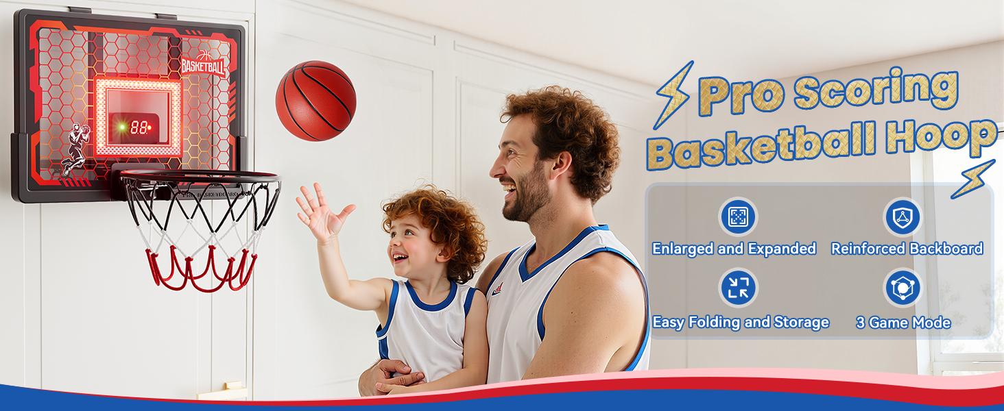 Parent and child playing with an indoor basketball hoop