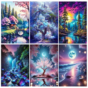 6 Kinds Of Patterns Diamond Painting Kits , Full Round Diamond Diamond Painting Landscape Tree DIY 5D Diamond Art Craft Home Wall Decor Gift (12x16 Inch)