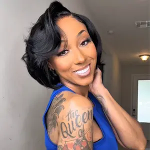 [Summer Wig] Menglle Hair 7X6 Glueless Wigs Human Hair Side Part Bob Wig Wear and Go Pixie Cut Lace Front Wig Fashion Wigs 200% Density Natural Color/Brown Color/99J Color#Summervibes#TikTokShopStockUp