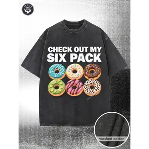 230G Washed T-Shirt, Vibrant Colorful Donuts Check Out My Six Pc Graphic Tee - Playful Uppercase Text Design, Casual Crew Neck T-Shirt, Super Soft, Summer Breathable Tee - Perfect for Food Lovers, Parties, And Everyday Wear