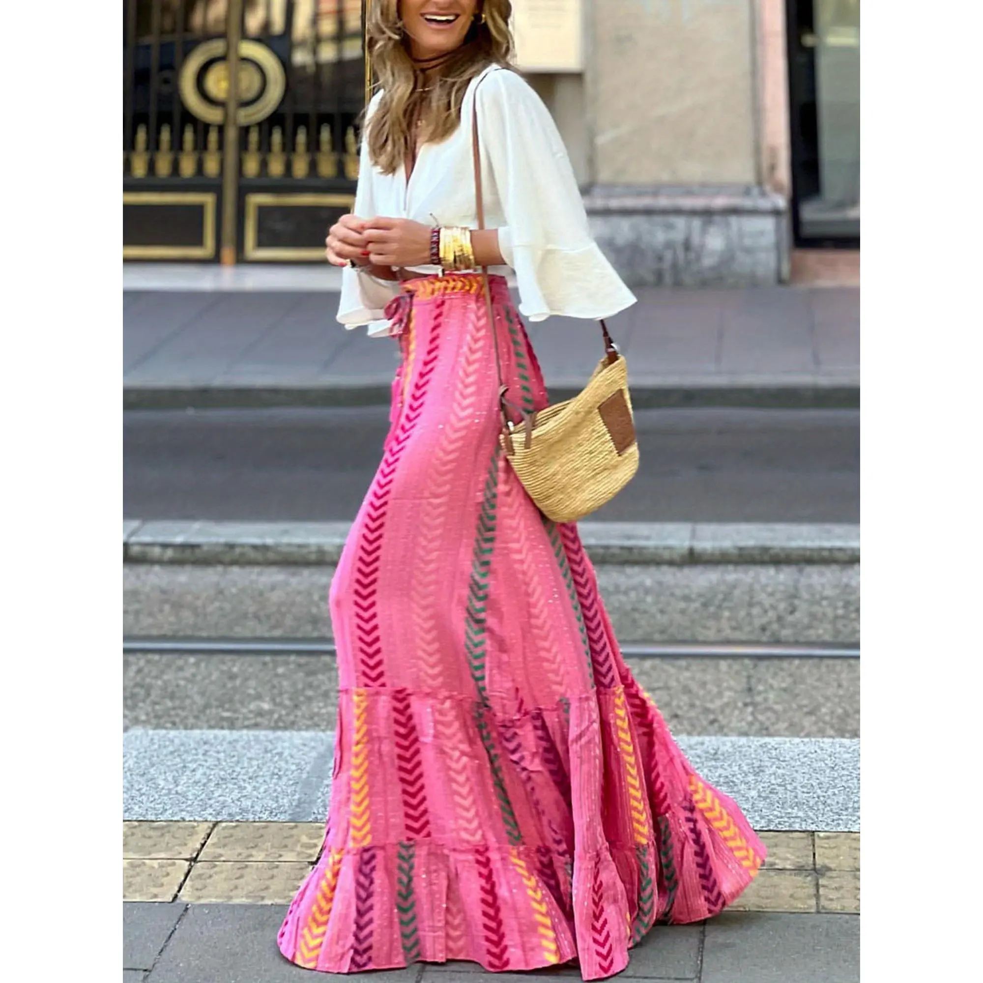 Women Flowy Boho Skirt Printed Ruffled Hem Summer Casual Skirt for Beach Vacation Club  Aesthetic Clothes Womenswear Bottom， outfits， RuffleSkirt ，TieredSkirt， AsymmetricalSkirt Maxi Pink