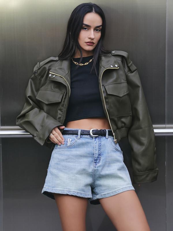 Women's Cropped Bomber Jacket Demi-Season Faux Leather Jacket Long Sleeve Green Black Jacket Women's Moto Biker Zipper Jacket Street Short Coat Aviator Jackets