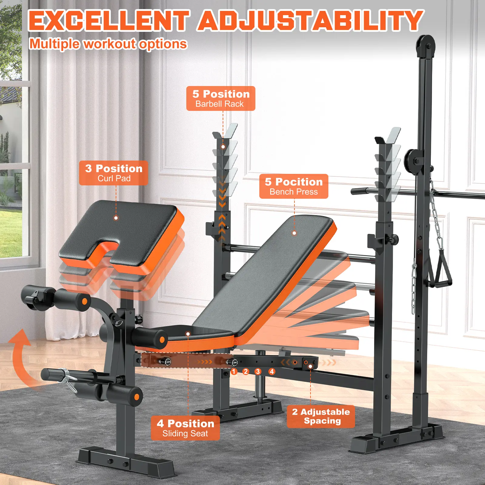 Adjustable Weight Bench With Leg Extension And Preacher Pad - 800lbs Workout Bench For Home Gym, Flat Incline Decline Bench Press