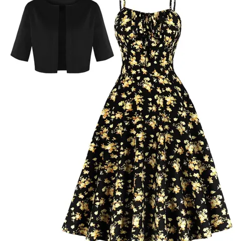 Women's Ditsy Floral Print Cami Dress & Open Front Crop Cardigan Two-piece Set, Adjustable Strap Backless Sundress & Short Sleeve Outerwear for Vacation Holiday Party, Summer Dresses 2024 Woven