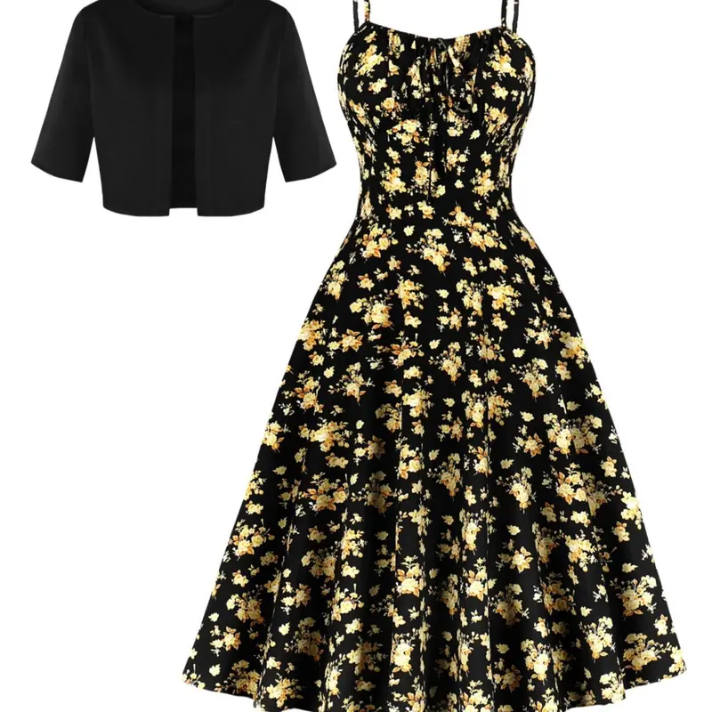 Women's Ditsy Floral Print Cami Dress & Open Front Crop Cardigan Two-piece Set, Adjustable Strap Backless Sundress & Short Sleeve Outerwear for Vacation Holiday Party, Summer Dresses 2024 Woven