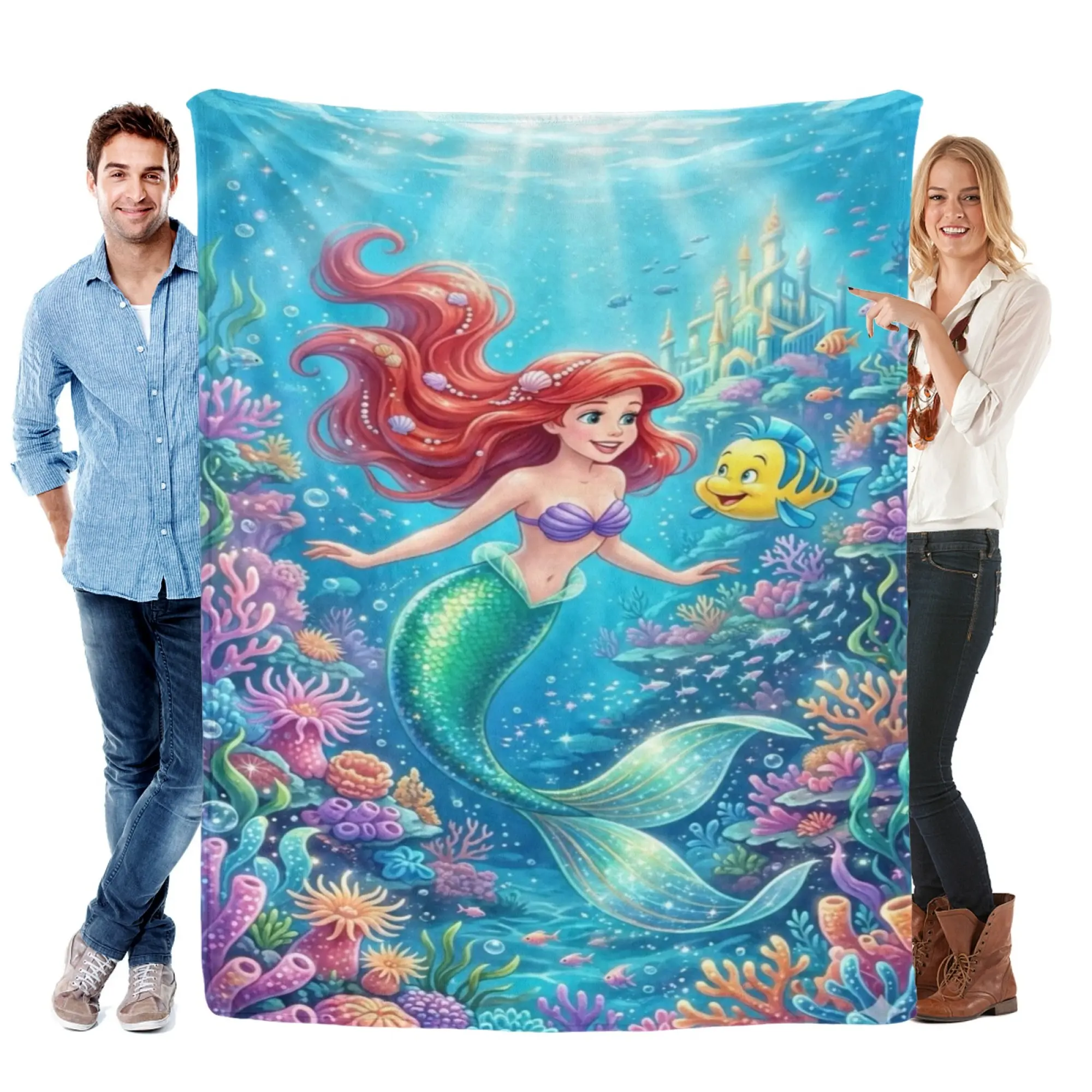 Disney Ariel & Flounder Character-Themed Soft Cotton Throw Blanket, Bedding Linens Textiles & Soft Furnishings Cover, Character-Themed Blanket,familyfun