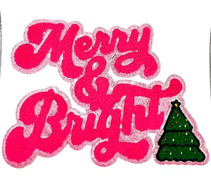 “Merry & Bright” Pink Christmas Chenille Shimmer Embroidered Iron-On Patch