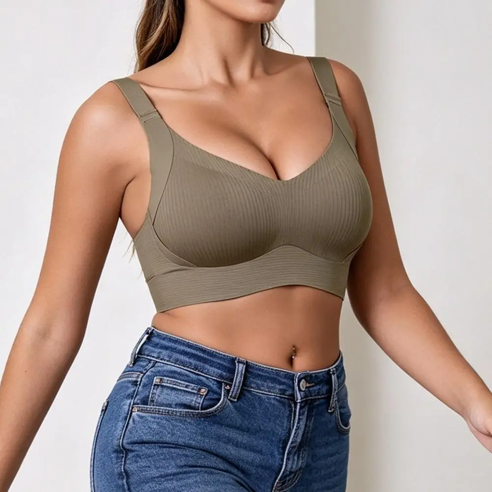 Women's Seamless Ribbed V-Neck Bralette in a Stretch Polyester Blend, Wireless with Lightweight Removable Padding for Everyday Wear Under a Dress, Fabric, Thin, Spandex Blend, Keyhole Back, Cold Wash, Body Coverage Everyday Bras, Breathable Stretch Everyd