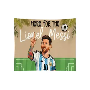 Lionel Messi Wall Tapestry Beige With Green Football Field And Palm Leaves Print Featuring Messi In Argentina Jersey Number 10 And Text Here For The Lionel Messi For Living Room Bedroom Or Fan Decor