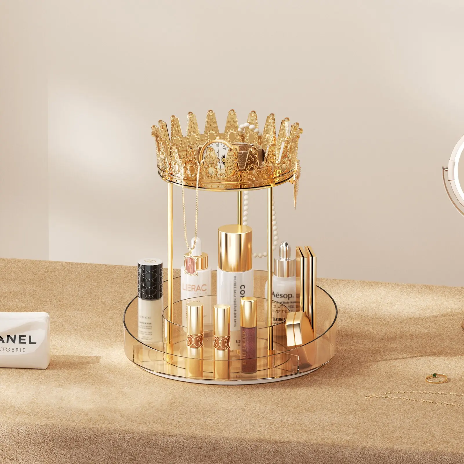 Plastic Rotating Crown Desktop Cosmetic Storage Box Gold Finish Organizer for Bedroom & Bathroom Ideal Gift for Organizing Cosmetics