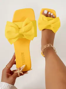 Women's Bow Flat Sandals, Bow Decorated Sandals, Fashionable Slide Sandals, Shiny Large Decor Comfortable Toe-Exposed Summer Beach Vacation Streetwear Party Essential, Footwear For Beach