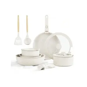 Bazova Ceramic Nonstick Cookware Set,17-Pieces Pots And Pans Set Removable Handles,Induction RV Kitchen Set,Stain & Scratch-Resistant,Dishwasher/Oven Safe,PFAS/PFOA Free,Cream White