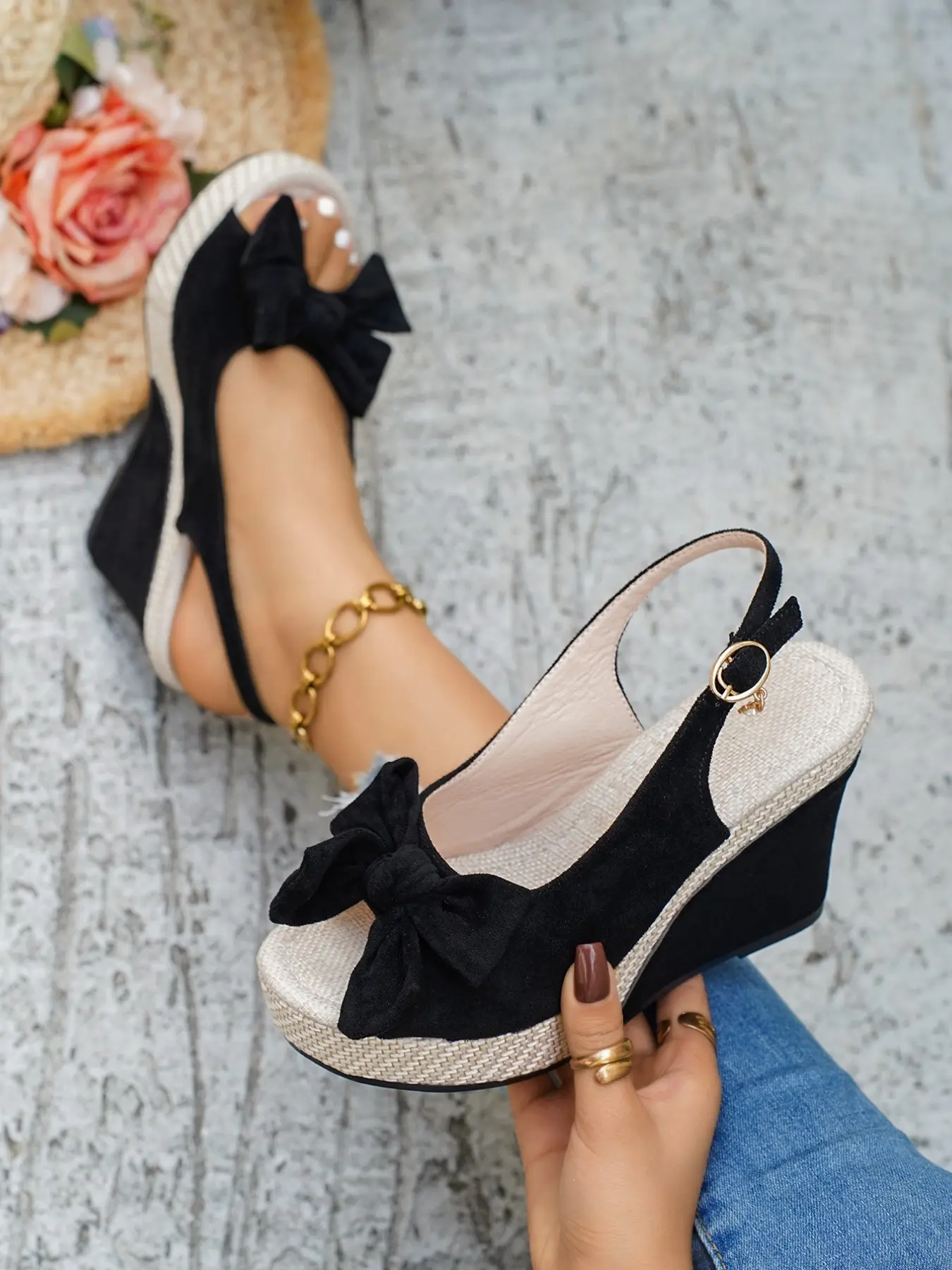 Women's Velvet Bow Straw Wedge Platform Sandals, Open Toe Ankle Strap Thick Sole High Heels, Adjustable Buckle Anti-Slip Summer Casual Shoes Platform Wedges, Wedged Platform Sandals