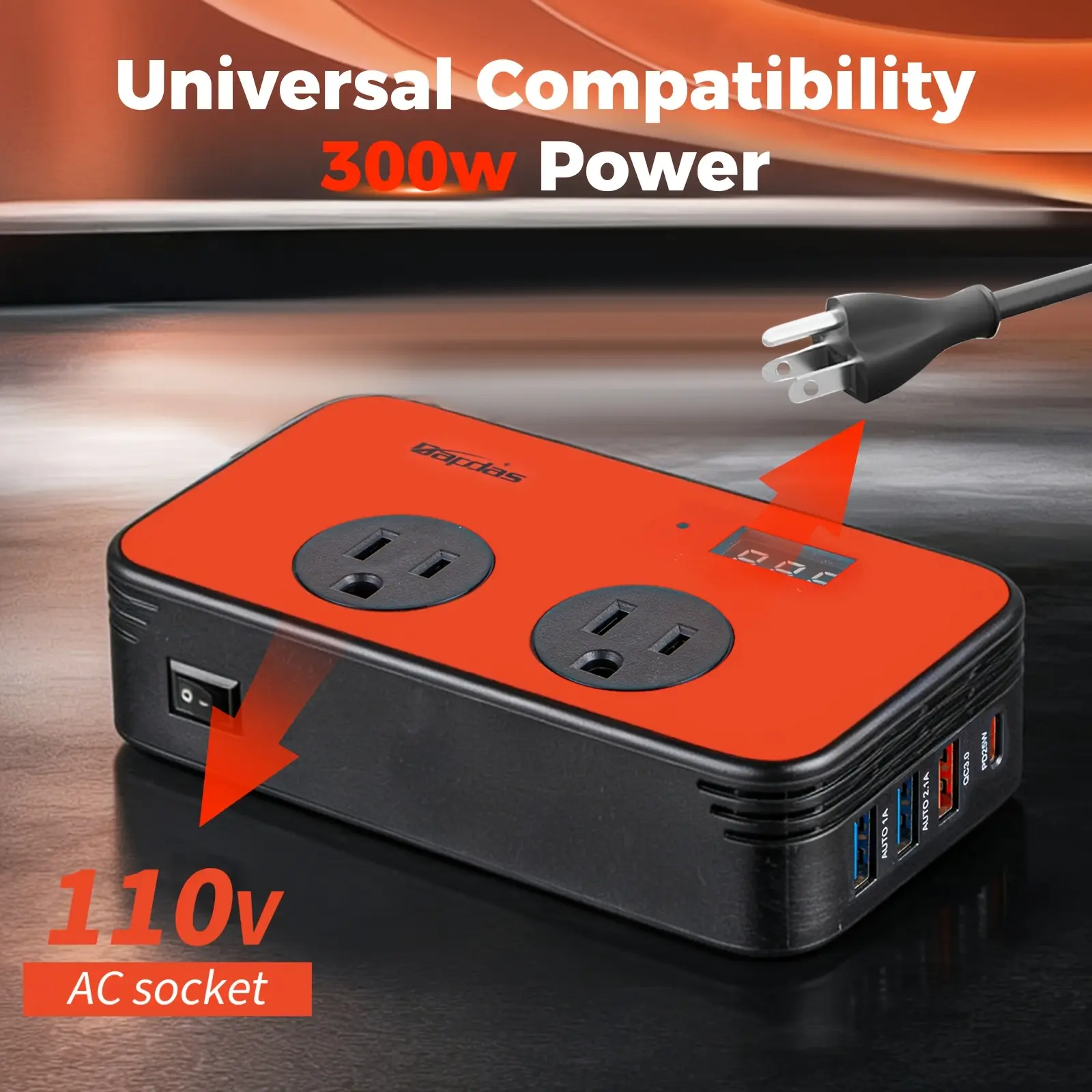 300W Car Outlet Adapter Plug DC 12V to AC 110V Car Inverter with PD 25W USB-C, QC3.0 and LCD Display Car Charger Loptop  Red