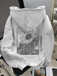 Women's Fashion Print Drop Shoulder Hooded Hoodie, Comfortable Casual Sweatshirt with Pocket, Sunflower Pattern, Fall Winter Fashion
