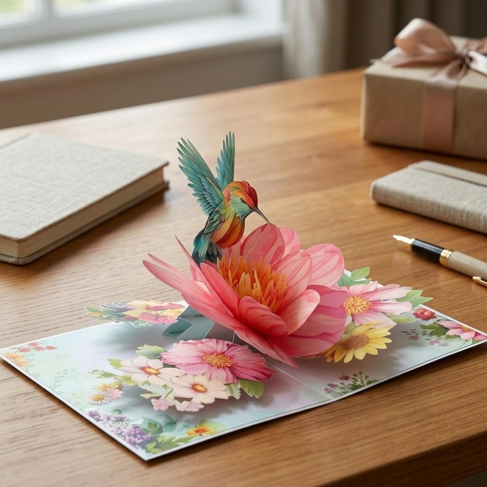 3D Pop Up Greeting Card, Handcrafted Hummingbird & Flower Popup Card for Birthday, Mother's Day, Anniversary, All Occasion Keepsake Card with Envelope